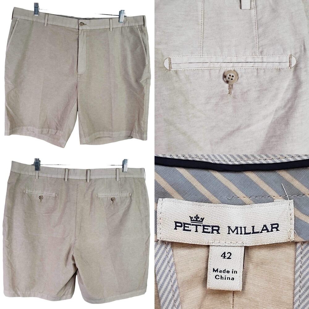 Peter Millar Shorts Golf Chino Flat Front Khaki Men’s Size 42 Tan Pockets Cotton
